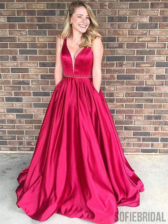 V-neck Satin Prom Dresses, Beaded Prom Dresses, A-line Prom Dresses, Cheap Prom Dresses, PD0650