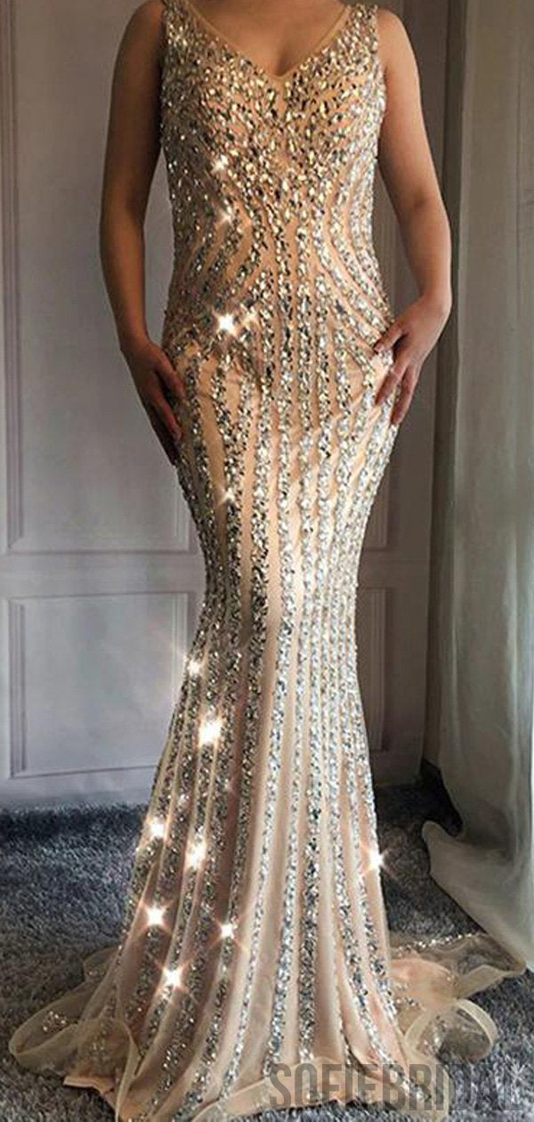 Gold Rhinestone Mermaid See Through Prom Dresses With Beading, MP380