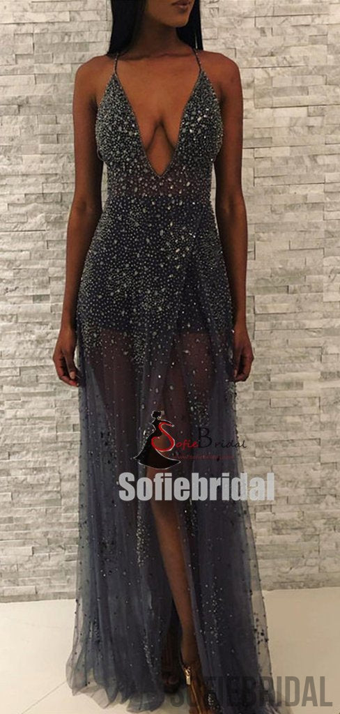 Dark Gray V-neck Rhinestone Beaded Side Slit See Through Prom Dresses, PD0862