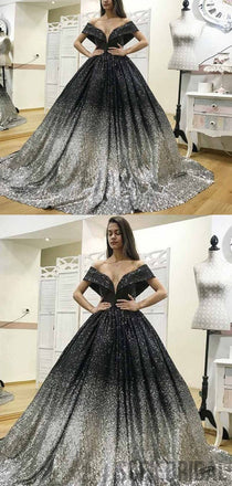 Off Shoulder Gradient Black-Silver Sequin Long Prom Dresses, PD0858