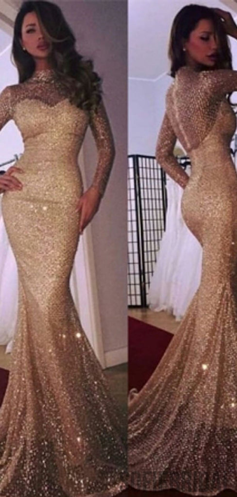 High Neck Long Sleeves Mermaid Sparkle Prom Dresses, PD0788