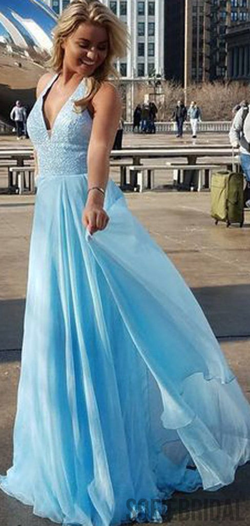 Light Blue V-neck Sequin Chiffon Long Prom Dresses, PD0947