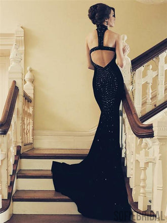 Halter Black Prom Dresses, Rhinestone Mermaid Prom Dresses, Cheap Prom Dresses, PD0654