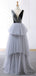 V-neck Black Top Grey Tulle Prom Long Dresses, PD0822
