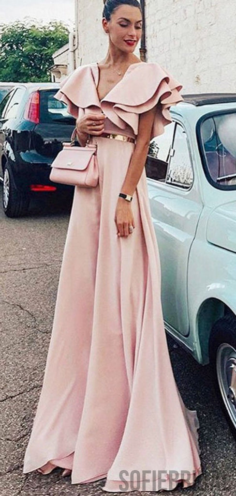 Blush Pink Ruffles Long Prom Dresses, A-line Prom Dresses, Simple Prom Dresses, PD0715