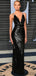 Romee Strijd Inspired Black Sequin Beaded Long Sheath Prom Dresses, PD0931