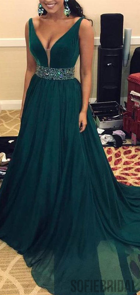 V-neck Long A-line Beaded Emerald Green Chiffon Prom dresses, PD0985