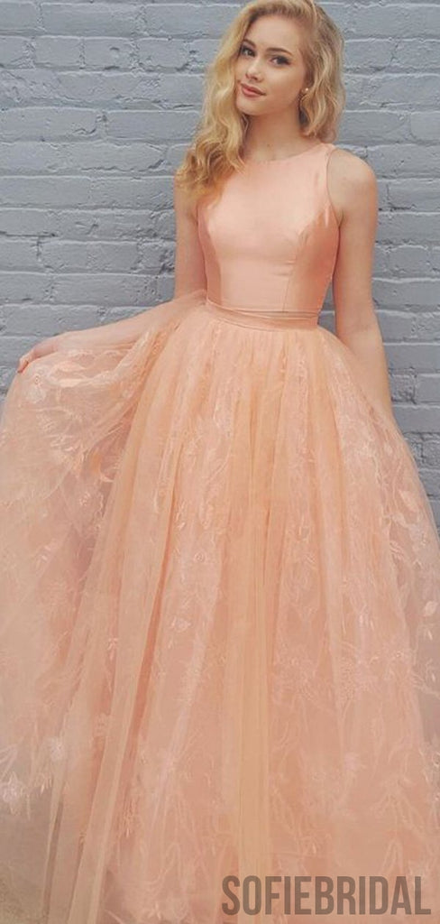 2 Pieces Peach Satin Top Lace Prom Dresses, PD0944