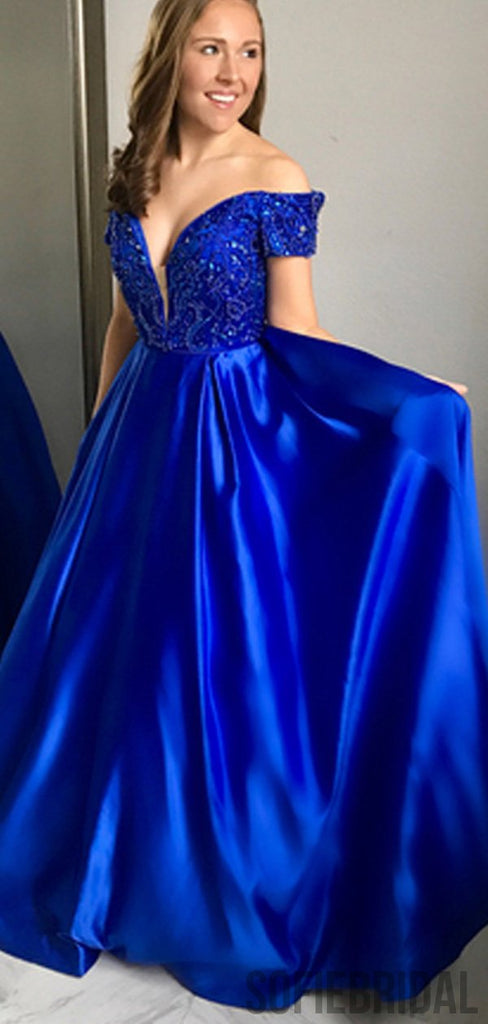 Off Shoulder Royal Blue Beaded Long A-line Prom Dresses, PD0841
