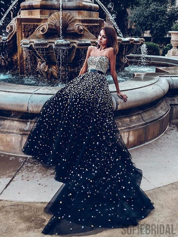 Sweetheart Long A-line Black Tulle Rhinestone Beaded Prom Dresses, PD0932
