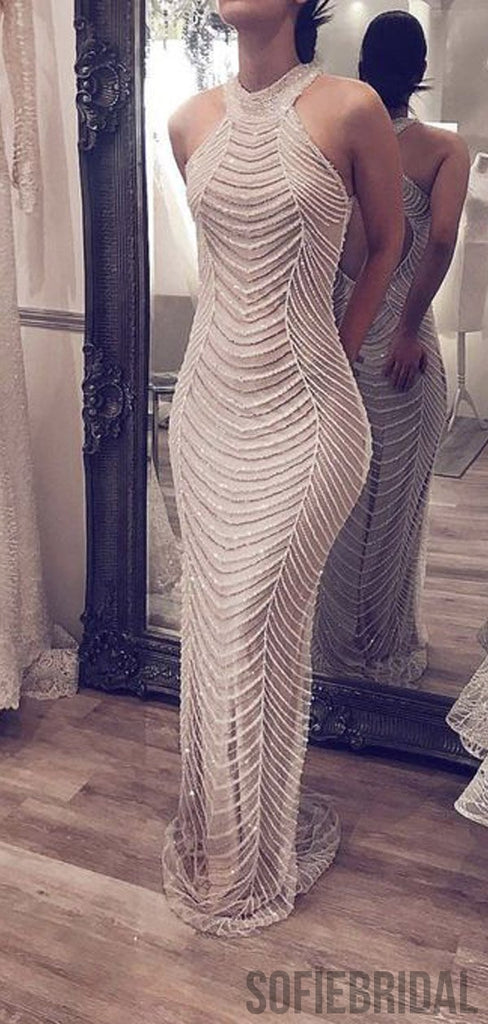 Long A-line Silver Beaded Mermaid Luxury Prom Dresses, PD0919