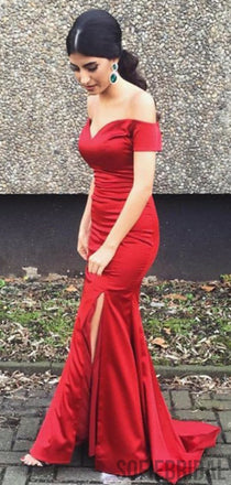 Off Shoulder Side Slit Red Soft Satin Long Prom Dresses, Mermaid Prom Dresses, PD0737