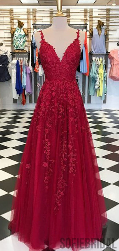 Red Appliques Lace Long A-line Tulle Prom Dresses, PD0791