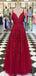 Red Appliques Lace Long A-line Tulle Prom Dresses, PD0791