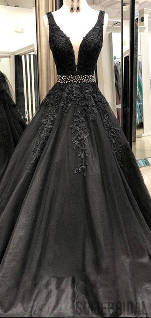 Black V-neck Lace Appliques A-line Prom Dresses, Beaded Prom Dresses, PD0750