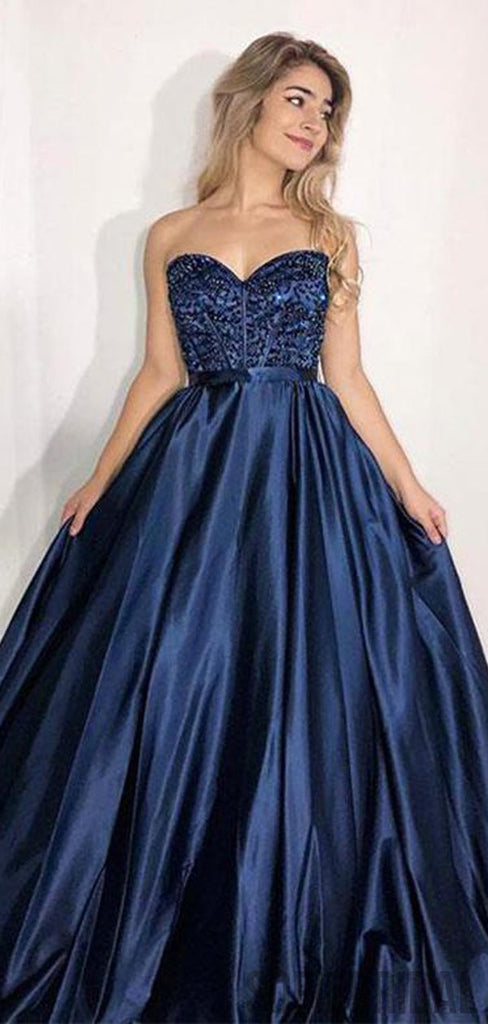 Sweetheart Long A-line Navy Satin Beaded Prom Dresses, PD0976