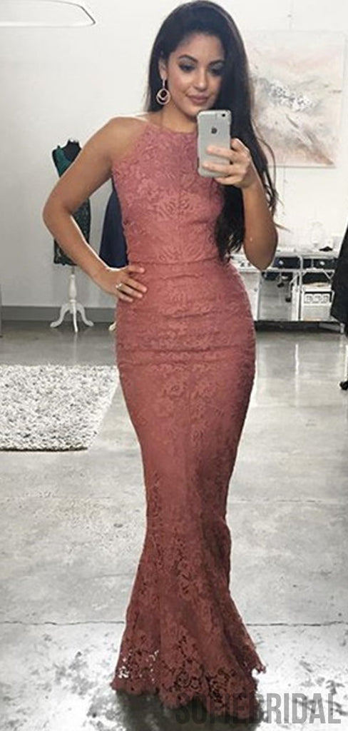Halter Long Mermaid Lace Dusty Pink Prom Dresses, PD0924