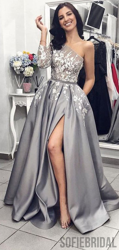 One Sleeve Long A-line Satin Lace Prom Dresses, Side Slit Prom Dresses, PD0818
