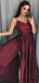 Spaghetti Long A-line Side Slit Maroon Lace Top Prom Dresses, PD0883