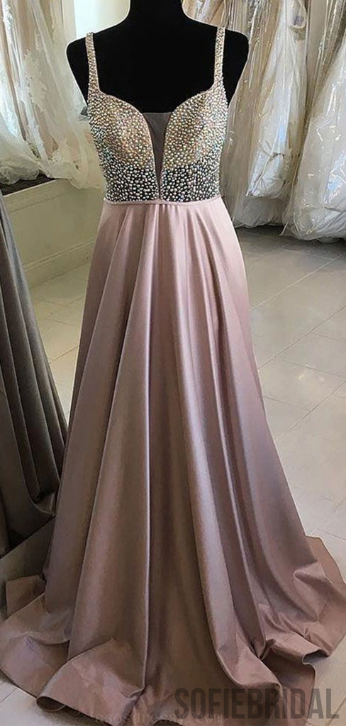 Straps Long A-line Stain Beaded Prom Dresses, PD0821