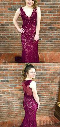 V-neck Sleeveless Lace Mermaid Long Cheap Prom Dresses, PD0828