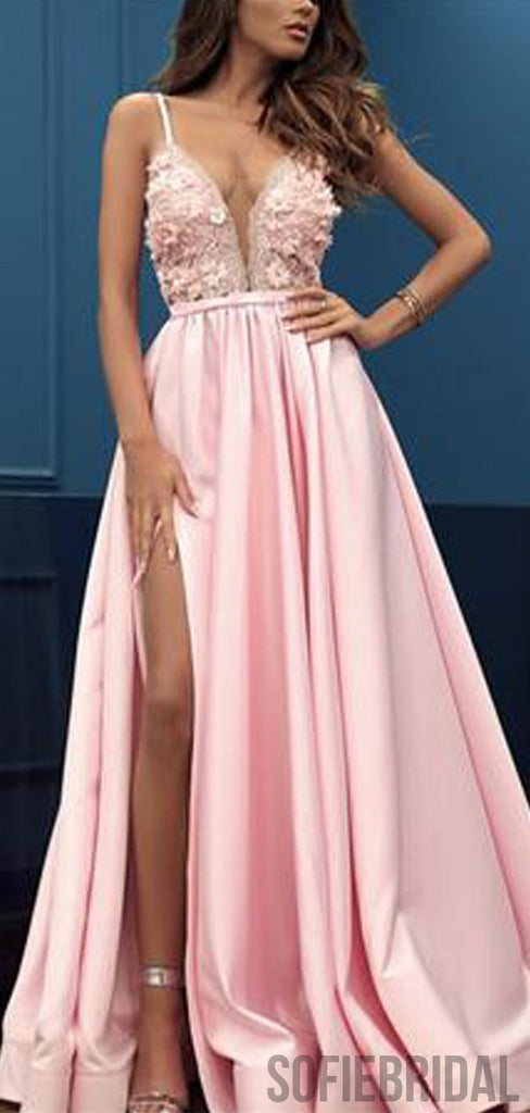 Pink Spaghetti Long A-line Satin Lace Prom Dresses, PD0983
