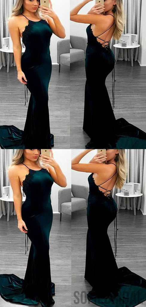 Sexy Mermaid Emerald Green Lace Up Velvet Prom Dresses, PD0808