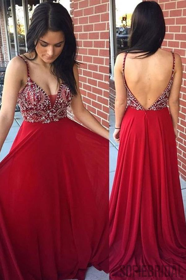Gorgeous Rhinestone Beaded Long A-line Red Chiffon Prom Dresses, PD0845