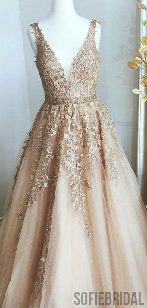 V-neck Long A-line Tulle Lace Beaded Prom Dresses, PD0961