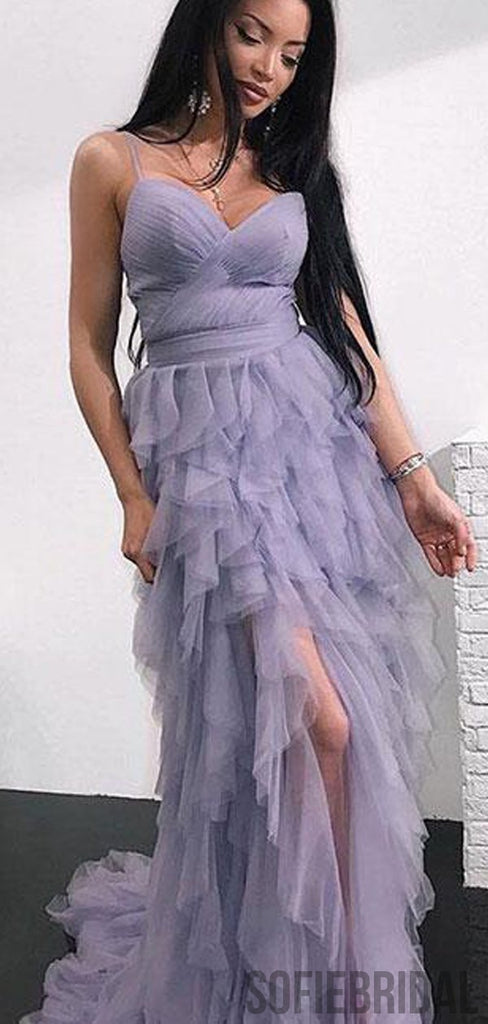 Spaghetti Hi-low Dusty Purple Prom Dresses, Unique Long Prom Dresses, PD0752