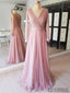 V-neck Long Sleeves Pink Chiffon Prom/Bridesmaid Dresses, PD0894