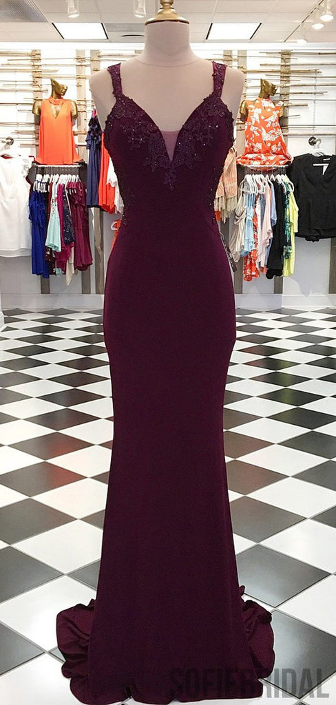 Maroon Long Mermaid Jersey Appliques Beaded Prom Dresses, PD0984