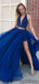 2 Pieces Halter Beaded Long Side Slit Tulle Prom Dresses, PD0842