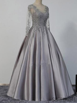 Long Sleeves Prom Dresses, Grey Prom Dresses, Satin Prom Dresses, Beaded Prom Dresses, PD0682
