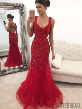 Red Rhinestone Long Mermaid Gorgeous Prom Dresses, PD0832