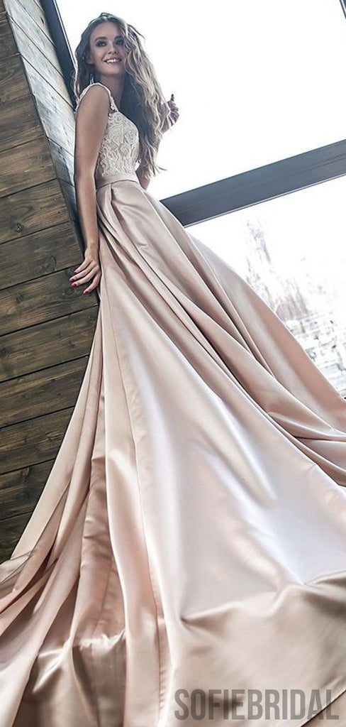 Off Shoulder Lace Top Long A-line Satin Wedding Dresses, WD0276