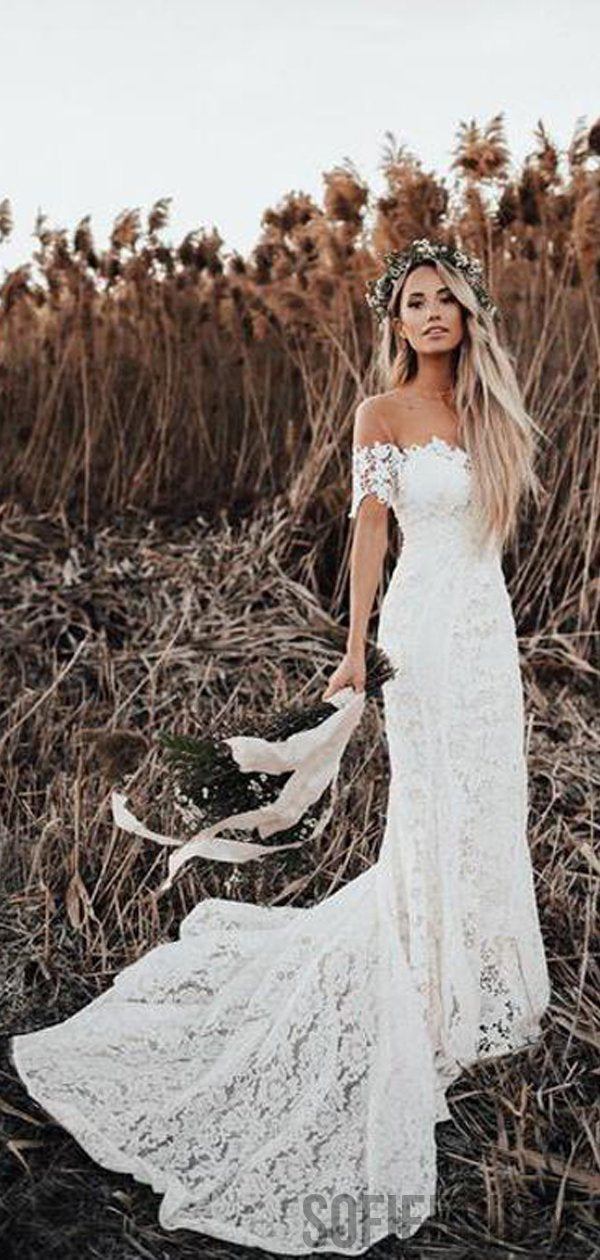 white country lace dress Plus Size White Lace Wedding Dresses Off the Shoulder Country Wedding Dresses AWD1212