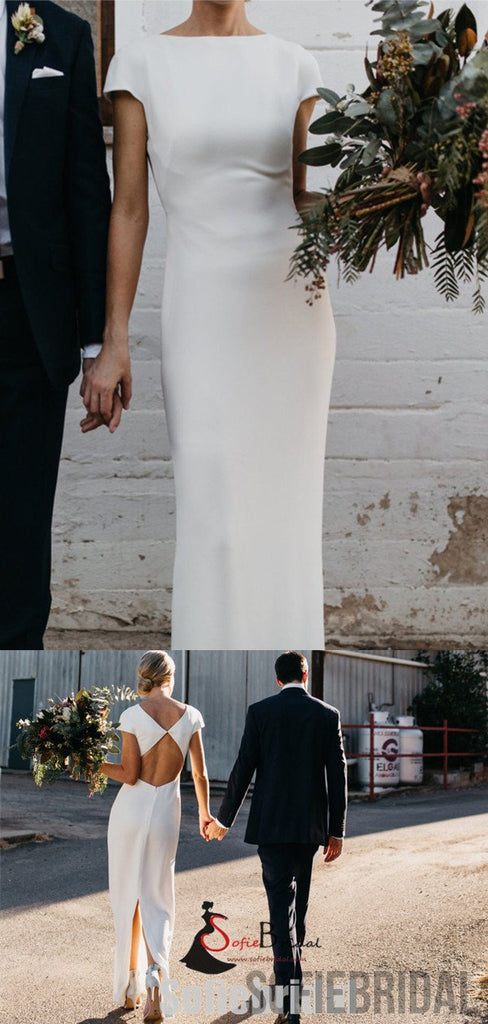 Cap Sleeve Modern Wedding Stretchy Long Sheath Wedding Dresses, WD0273