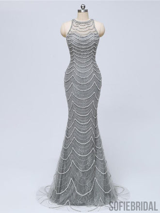 Long Mermaid Gray Beaded Sexy Luxury Prom Dresses, PD0920
