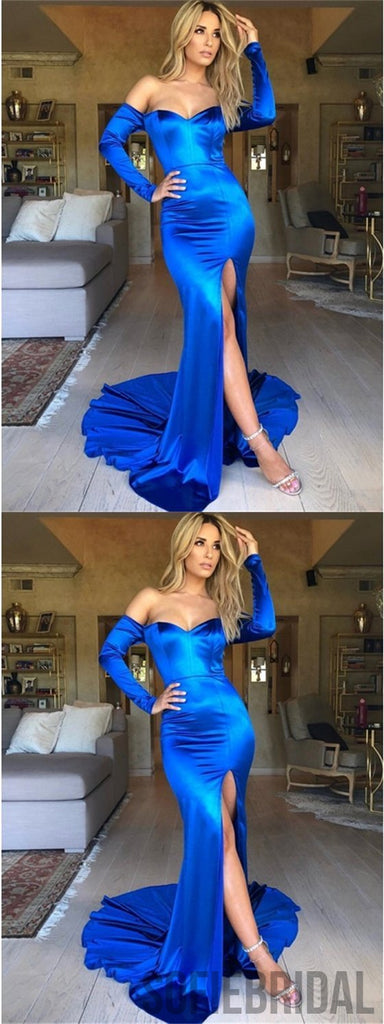 Royal Blue Prom Dresses, Mermaid Satin Prom Dresses, Long Sleeve Prom Dresses, Prom Dresses, PD0610