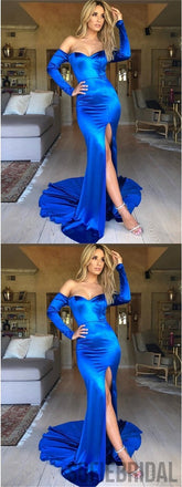 Royal Blue Prom Dresses, Mermaid Satin Prom Dresses, Long Sleeve Prom Dresses, Prom Dresses, PD0610