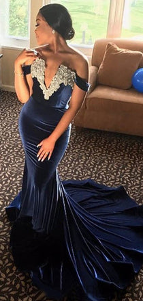 Off Shoulder Navy Velvet Lace Long Mermaid Prom Dresses, PD0871