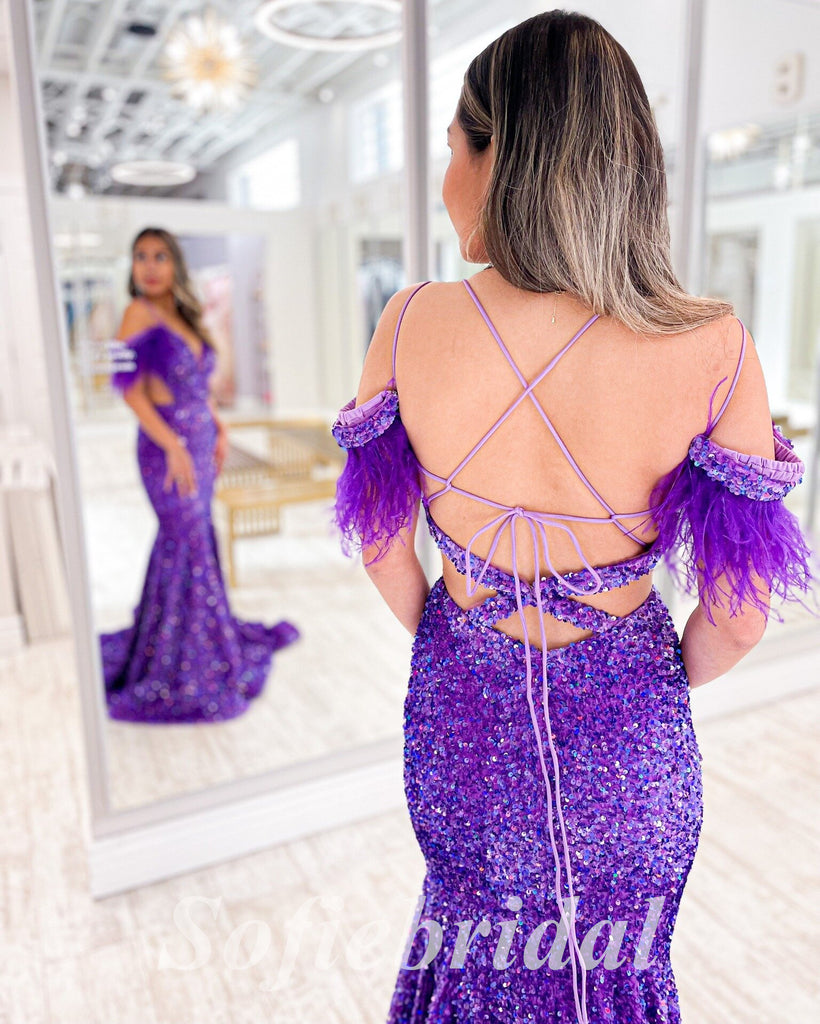 Sexy Sequin Cold Shoulder V-Neck Criss Cross Lace Up Mermaid Long Prom Dresses With Feather,SFPD0644