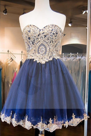 Navy Blue Skirt Gold Lace Beaded homecoming prom dresses, CM0027