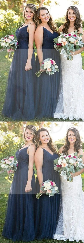 Simple A-line V-neck Tulle Navy Long Bridesmaid Dresses.PD0485