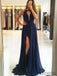 Navy Blue Appliques Chiffon Prom Dresses, Side Slit Prom Dresses, Prom Dresses, PD0707
