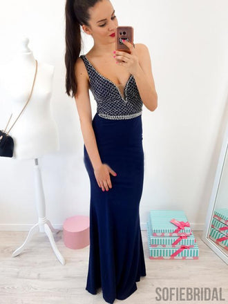 V-neck Long Mermaid Navy Jersey Beaded Prom Dresses, PD0881