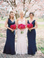 Sheath V-neck Floor-length Navy Blue Simple Bridesmaid Dresses, BD0570