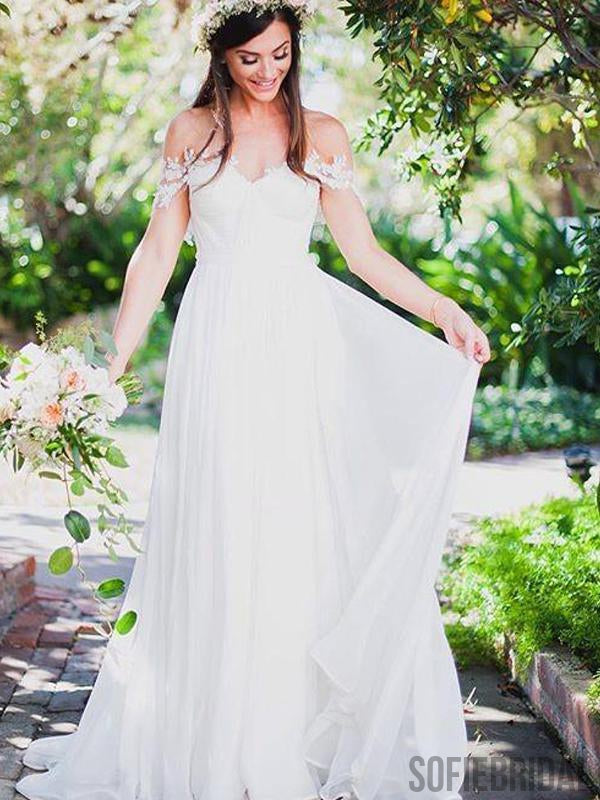 Off Shoulder Lace Sleeves Unique Casual Cheap Beach Wedding Dresses, W SofieBridal Off Shoulder Lace Sleeves Unique Casual Cheap Beach Wedding Dresses, W SofieBridal