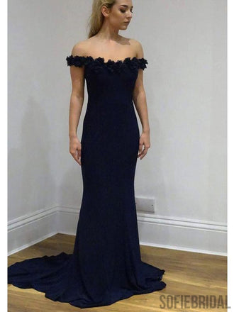 Navy Off Shoulder Floral Mermaid Long Prom Dresses, PD0812